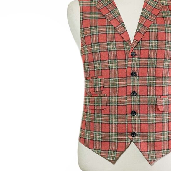 Mens 46R Wool Plaid Vest Brick Red Green Tartan Waistcoat Formal Wedding Party - Picture 6 of 8
